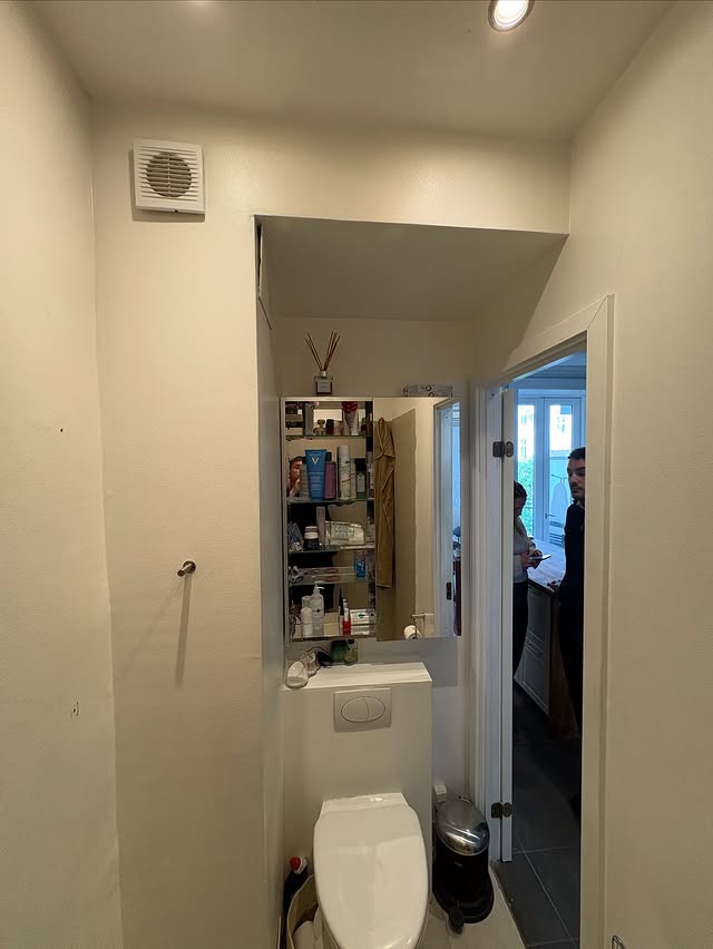 Badeværelse før renovering – gammelt toilet og loft